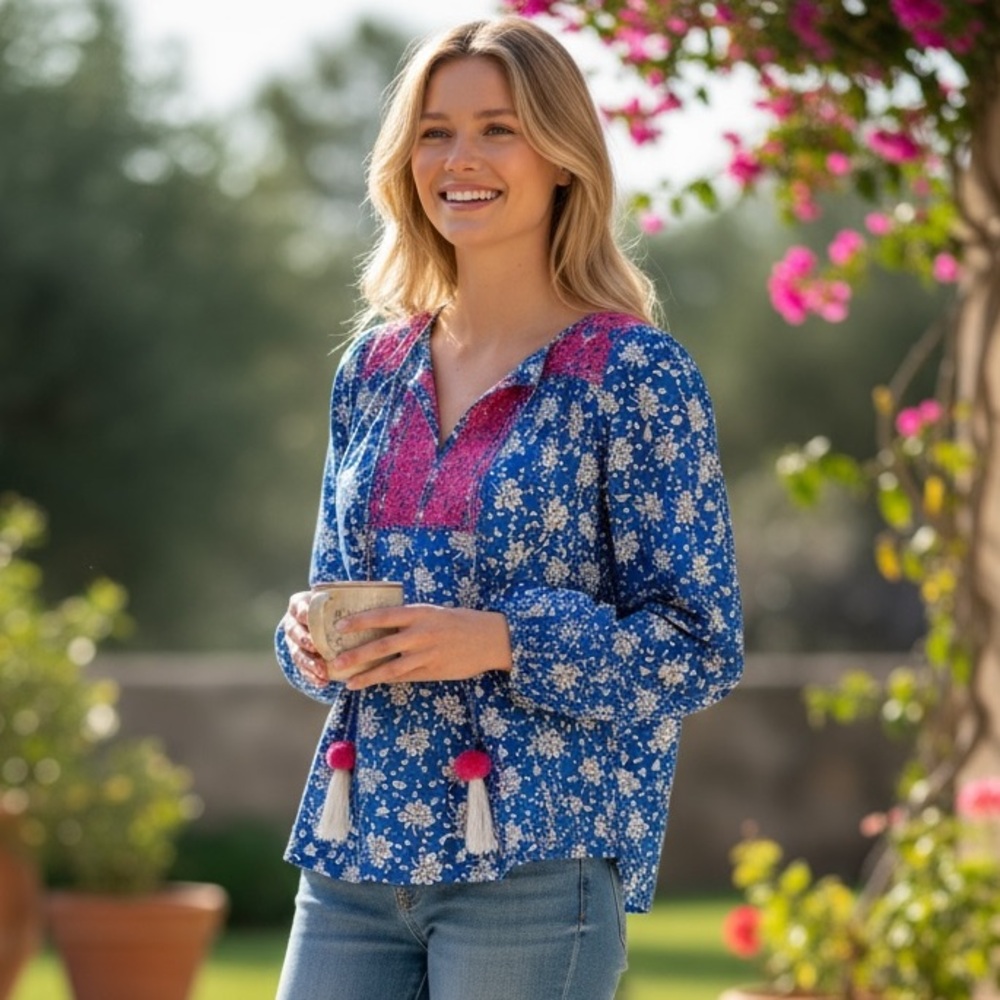 J.Crew Floral Blue and Pink Blouse Size S Boho